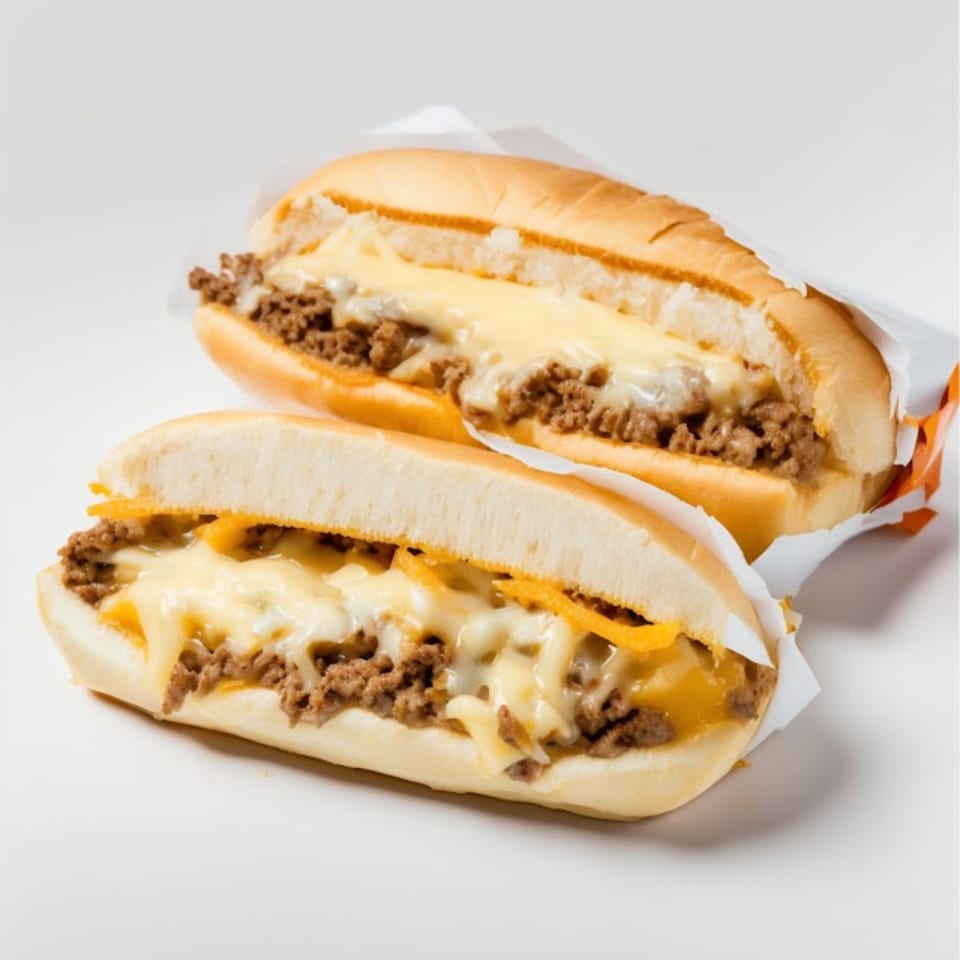 Two cheesy steak and cheese subs with melted cheese and ground meat on a white background.
