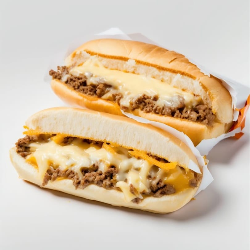 Two cheesy steak and cheese subs with melted cheese and ground meat on a white background.