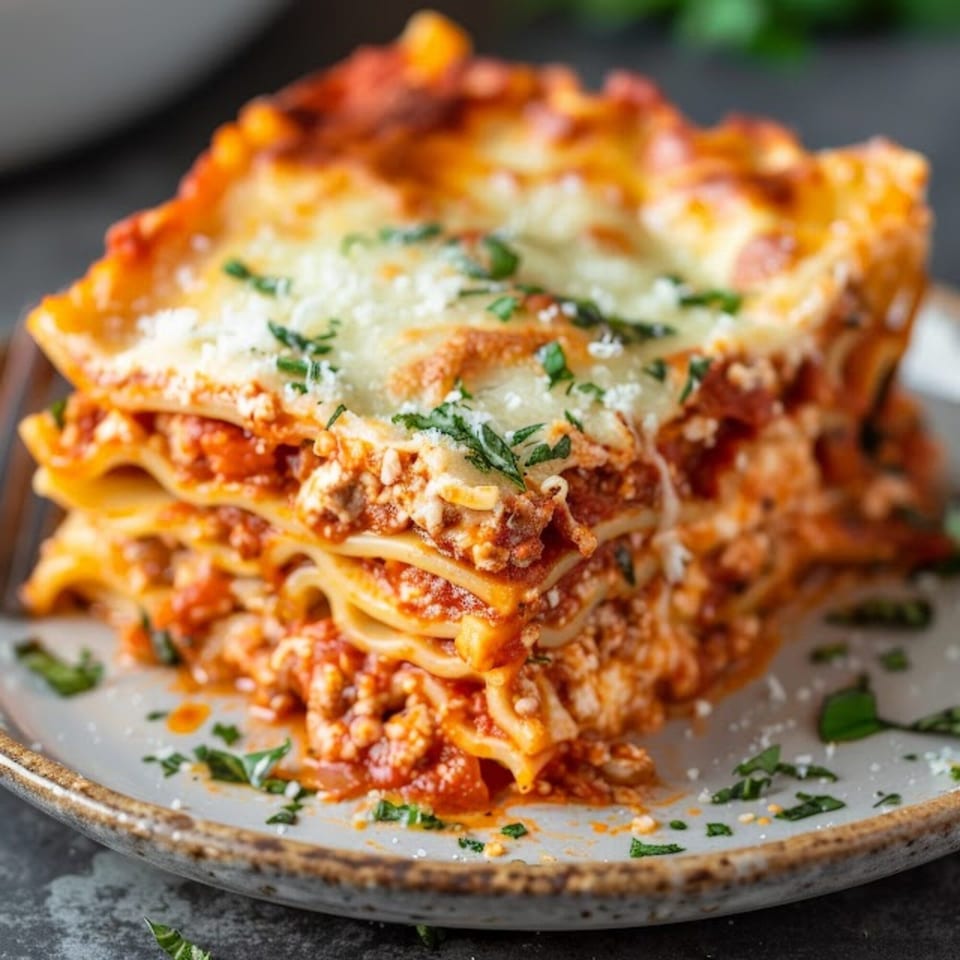 A large slice of Vincents' lasagna, layered with rich red sauce, cheese, and herbs.
