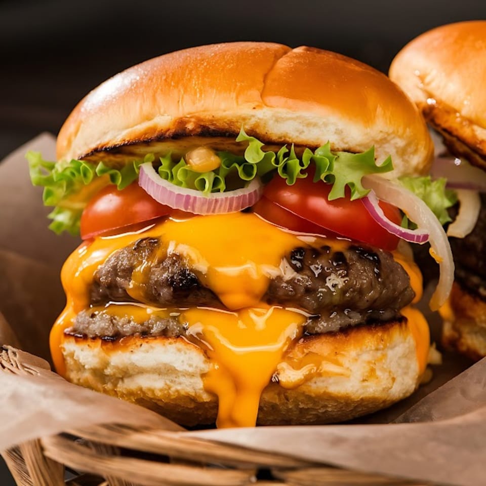 Double cheeseburger with melted cheese, lettuce, tomato, and red onion in a basket.